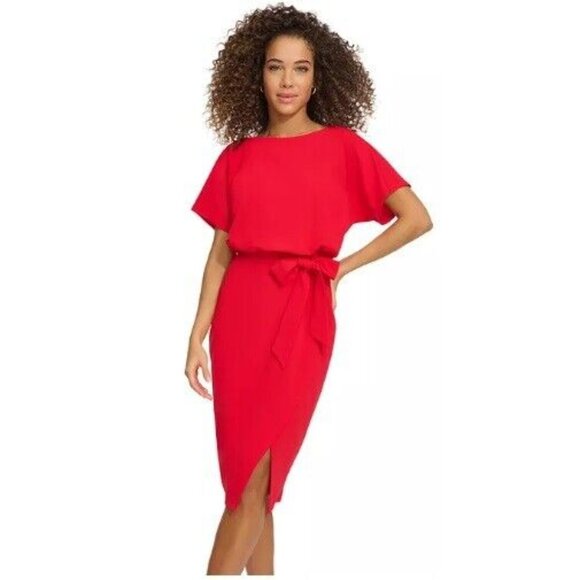Kensie Womens 4 Scarlet Red Bouson Wrap Sheath Tie Waist Dress Retag BE86 - Picture 2 of 7